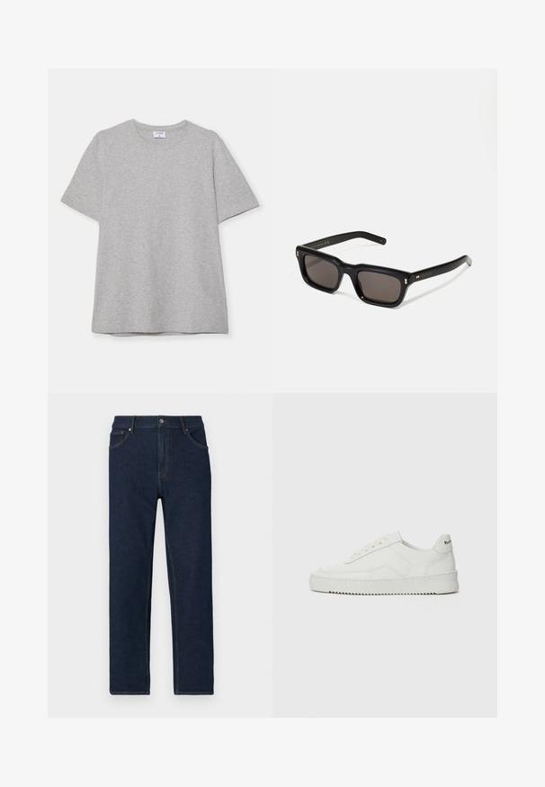 Camiseta gris de manga corta hecha de una tela suave y texturizada. Presenta un cuello redondo clásico y un dobladillo recto, adecuada para uso casual.; Jeans de mezclilla azul oscuro con corte recto, diseño de cinco bolsillos y costuras visibles. Presenta un cierre de botón en la cintura.; Zapatilla de cuero blanca con un acabado suave, puntera redonda, cordones planos y suela texturizada. Cuenta con un sutil logo en el talón.; Gafas de sol rectangulares negras con lentes oscuros, marco de plástico grueso, acentos dorados en las patillas y logotipo de la marca grabado en el brazo.