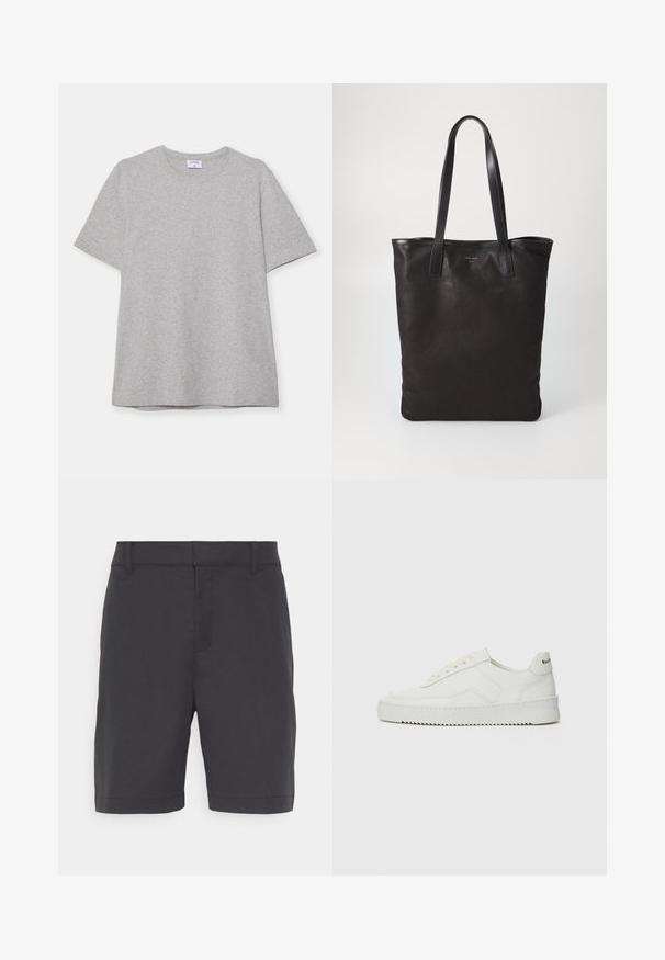 Pilkas trumpas rankovėmis marškinėliai, pagaminti iš minkštos, tekstūruotos medžiagos. Turi klasikinį apvalų kaklą ir tiesų apatinį kraštą, tinkamą kasdieniam dėvėjimui.; Tamsiai pilki šortai, pagaminti iš lygaus audinio, su plokščiu priekiniu kraštu, dviem šoninėmis kišenėmis ir apatine dalimi, kuri baigiasi šiek tiek virš kelio.; Balti odiniai sportiniai bateliai su lygia apdaila, apvaliu pirštu, plokščiais raišteliais ir tekstūruotu padu. Pasižymi subtiliu logotipu ant kulno.; Juodas drobės pirkinių maišelis su juodais odiniais rankenomis. Paprastas dizainas, erdvus kūnas ir lygus paviršius. Nėra matomų logotipų ar raštų.