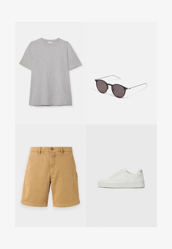 Siva majica s kratkim rukavima napravljena od mekane, teksturirane tkanine. Ima klasičan izrez oko vrata i ravni rub, prikladna za svakodnevno nošenje.; Bež pamuk kratke hlače s zatvaranjem na dugme, petljama za remen i šivanjem na rubovima. Imaju dva prednja džepa i klasičan ravni kroj.; Bijele kožne tenisice s glatkom površinom, okruglim vrhom, ravnim vezicama i teksturiranom potplatom. Imaju suptilan logo na peti.; Crne okrugle sunčane naočale s tamnim staklima i tankim metalnim ručkama. Uključuju prozirne vrhove ručki i srebrne naglaske na šarkama. Minimalistički dizajn.