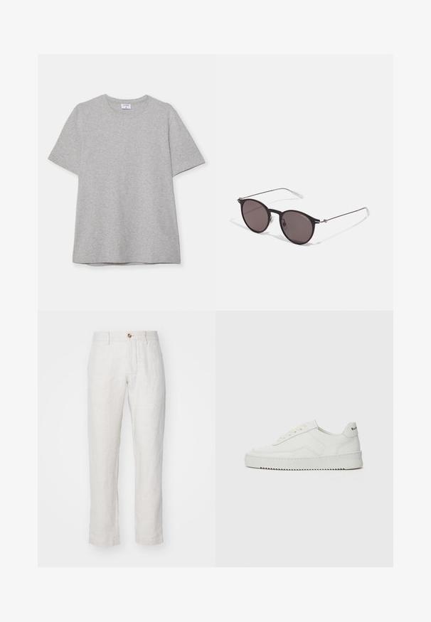 Pelēks īsā piedurkņu T-krekls, kas izgatavots no mīkstas, teksturētas auduma. Tam ir klasiskā apļa kakla izgriezums un taisna apakšmalā, piemērots ikdienas valkāšanai.; NN.07 THEO - Auduma bikses - beige; Baltas ādas sneakers ar gludu virsmu, apaļu pirkstu daļu, plakaniem šņorēm un teksturētu zoli. Satur diskrētu logotipu uz papēža.; Melni apaļi saulesbrilles ar tumšiem lēca un plānām metāla stangām. Iekļautas caurspīdīgas tempļu galviņas un sudraba akcenti pie eņģes. Minimalistisks dizains.