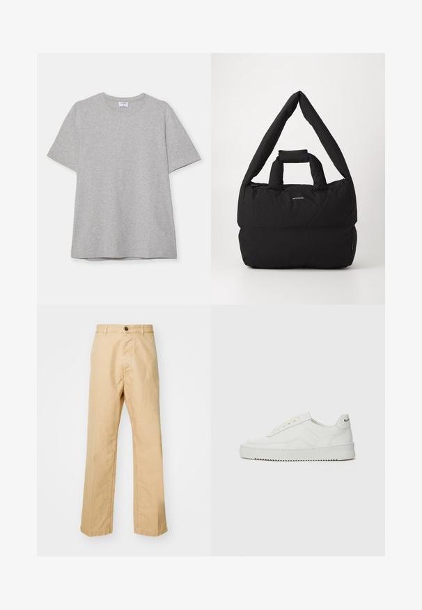 T-shirt grigio a maniche corte realizzato in morbido tessuto testurizzato. Presenta un classico colletto a girocollo e un orlo dritto, adatto per un abbigliamento casual.; Chinos khaki con vestibilità dritta, realizzati in tessuto di cotone, dotati di chiusura frontale con bottone e passanti per cintura. Texture liscia, senza motivo.; Sneaker in pelle bianca con una finitura liscia, punta rotonda, lacci piatti e suola testurizzata. Presenta un logo discreto sul tallone.; Borsa nera imbottita con una larga tracolla morbida e manico superiore. Caratterizzata da una chiusura con zip e un discreto logo sul davanti.