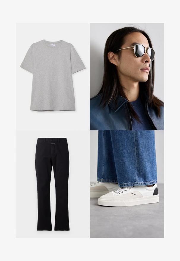 Gray short-sleeve T-shirt made from soft, textured fabric. Features a classic crew neck and a straight hem, suitable for casual wear.; Black cotton trousers featuring a straight leg design, front button closure, and two side pockets; smooth texture with no visible patterns.; White and black sneakers with a smooth leather upper, textured accents, and a chunky white sole. Features a classic lace-up design.; Metal sunglasses with reflective lenses, featuring an aviator shape, silver frame, and detailing on the temple. Worn with a blue sweater and jacket.