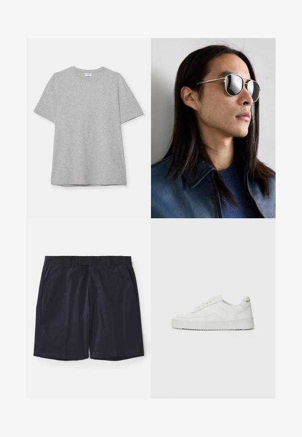 Grå t-shirt med kort ärm gjord av mjukt, texturerat tyg. Har en klassisk rund halsringning och en rak nederkant, lämplig för avslappnad klädsel.; Marina blå shorts gjorda av mjukt tyg med en slät front, bältesögglor och sidofickor; fållade med raka kanter för en ren finish.; Vita lädersneakers med en jämn yta, rund tå, platta snörningar och en strukturerad sula. Har en diskret logotyp på hälen.; Metallsolglasögon med reflekterande linser, i en pilotform, silverram och detaljer på bågarna. Bärs med en blå tröja och jacka.