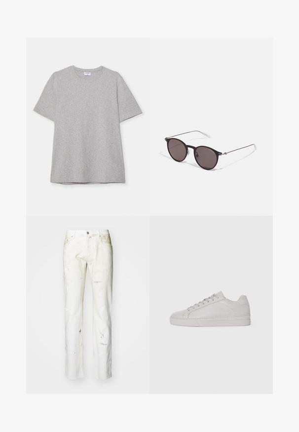 T-shirt grigio a maniche corte realizzato in morbido tessuto testurizzato. Presenta un classico colletto a girocollo e un orlo dritto, adatto per un abbigliamento casual.; Jeans in denim bianco con taglio dritto. Presentano macchie di vernice visibili, una zip frontale e cinque tasche. Tessuto morbido con un aspetto leggermente usurato.; Sneaker in pelle grigia chiara con texture liscia, punta arrotondata, suola piatta in gomma e lacci tono su tono. Presenta un branding minimale in oro.; Occhiali da sole neri rotondi con lenti scure e sottili bracci in metallo. Include punte trasparenti e accenti argentati alla cerniera. Design minimalista.