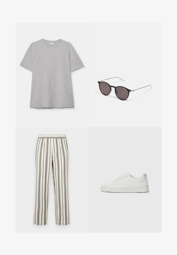 Šedé tričko s krátkým rukávem vyrobené z měkké, texturované látky. Disponuje klasickým kulatým výstřihem a rovného lemu, vhodné pro každodenní nošení.; Pruhované kalhoty v světle krémové barvě s tenkými šedými vertikálními pruhy. Mají elastický pas a rovný střih nohavic.; Bílé kožené tenisky s hladkým povrchem, kulatou špičkou, plochými tkaničkami a texturovanou podrážkou. Na patě se nachází nenápadné logo.; Černé kulaté sluneční brýle s tmavými skly a tenkými kovovými nohami. Obsahují průhledné koncovky nožiček a stříbrné akcenty na pantu. Minimalistický design.