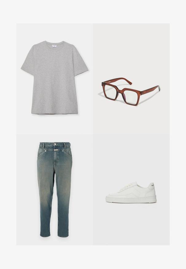 Pelēks īsā piedurkņu T-krekls, kas izgatavots no mīkstas, teksturētas auduma. Tam ir klasiskā apļa kakla izgriezums un taisna apakšmalā, piemērots ikdienas valkāšanai.; Zili džinsi izbalinātā zilonī, taisna piegriezuma ar augsto jostasvietu. Iezīmes: jostas cilpas, piecas kabatas un metāla pogas aizdare. Nedaudz nolietota tekstūra.; Baltas ādas sneakers ar gludu virsmu, apaļu pirkstu daļu, plakaniem šņorēm un teksturētu zoli. Satur diskrētu logotipu uz papēža.; Brūnas pārāk lielas taisnstūrveida brilles ar caurspīdīgām lēcām un nelielu rozā nokrāsu labajā lēcā. Plastmasas rāmis ar gludu tekstūru.