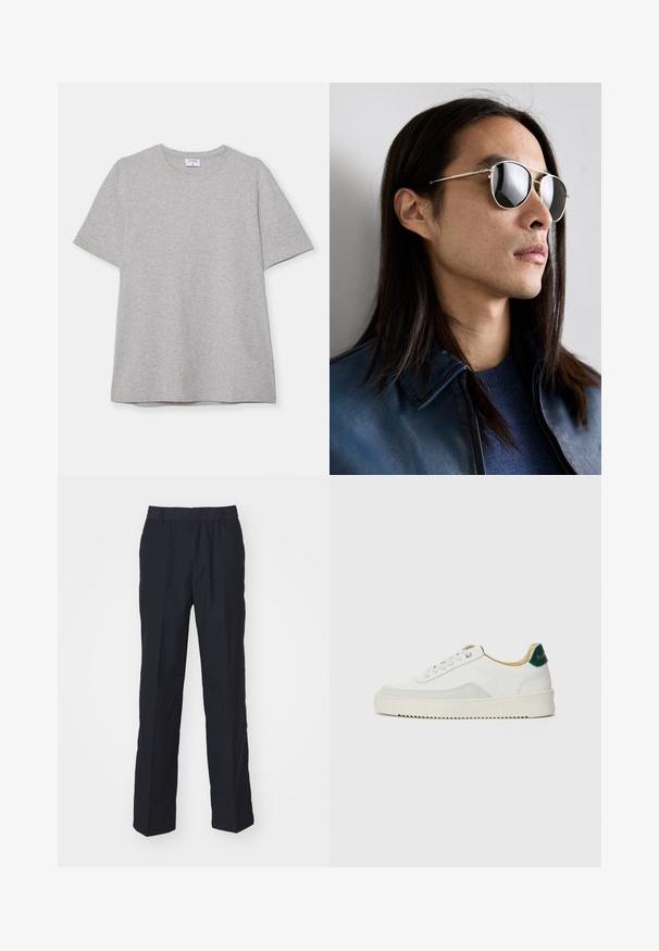 Camiseta gris de manga corta hecha de una tela suave y texturizada. Presenta un cuello redondo clásico y un dobladillo recto, adecuada para uso casual.; Pantalones azul marino de tela ligera, con un diseño de pierna recta, cinturilla elástica y sin bolsillos ni patrones visibles.; Zapatilla blanca con acentos de ante, puntera redondeada, cordones planos y suela de goma color crema. Presenta un logo verde en el talón.; Gafas de sol metálicas con lentes reflectantes, con forma de aviador, marco plateado y detalles en la patilla. Llevadas con un suéter azul y una chaqueta.