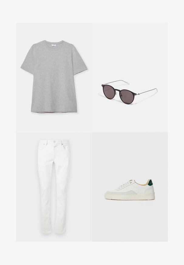 T-shirt grigio a maniche corte realizzato in morbido tessuto testurizzato. Presenta un classico colletto a girocollo e un orlo dritto, adatto per un abbigliamento casual.; Jeans in denim bianco con taglio dritto, design a cinque tasche e chiusura con bottone in metallo. Tessitura liscia e dettagli di cucitura minimi.; Sneaker bianco con accenti in camoscio, punta rotonda, lacci piatti e suola in gomma crema. Presenta un marchio verde sul tallone.; Occhiali da sole neri rotondi con lenti scure e sottili bracci in metallo. Include punte trasparenti e accenti argentati alla cerniera. Design minimalista.