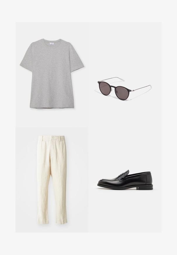T-shirt grigio a maniche corte realizzato in morbido tessuto testurizzato. Presenta un classico colletto a girocollo e un orlo dritto, adatto per un abbigliamento casual.; Pantaloni in lino beige con una vestibilità ampia, gamba affusolata e frontale piatto. Presentano un elastico in vita per il comfort e dettagli di cucitura minimi.; Mocassini neri in pelle con una texture liscia, punta arrotondata e una striscia decorativa sulla tomaia. Tacco basso impilato, design minimalista.; Occhiali da sole neri rotondi con lenti scure e sottili bracci in metallo. Include punte trasparenti e accenti argentati alla cerniera. Design minimalista.