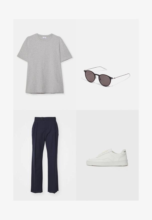 Grijze T-shirt met korte mouwen, gemaakt van zacht, textuurstof. Heeft een klassieke ronde hals en een rechte zoom, geschikt voor casual dragen.; Paul Smith TROUSER - Broek - grey; Witte leren sneaker met een gladde afwerking, ronde neus, platte veters en een gestructureerde zool. Kenmerkt zich door een subtiel logo op de hiel.; Zwarte ronde zonnebril met donkere lenzen en slanke metalen armen. Inclusief heldere tempelpunten en zilveren accenten bij de scharnier. Minimalistisch ontwerp.