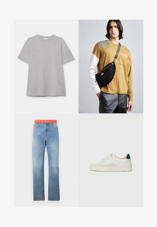 Camiseta gris de manga corta hecha de una tela suave y texturizada. Presenta un cuello redondo clásico y un dobladillo recto, adecuada para uso casual.; Jeans de mezclilla de color azul claro con corte recto, que cuentan con una cinturilla roja brillante y un cierre estándar de botón y cremallera.; Zapatilla blanca con acentos de ante, puntera redondeada, cordones planos y suela de goma color crema. Presenta un logo verde en el talón.; Vivienne Westwood CITY BUMBAG UNISEX - Riñonera - black