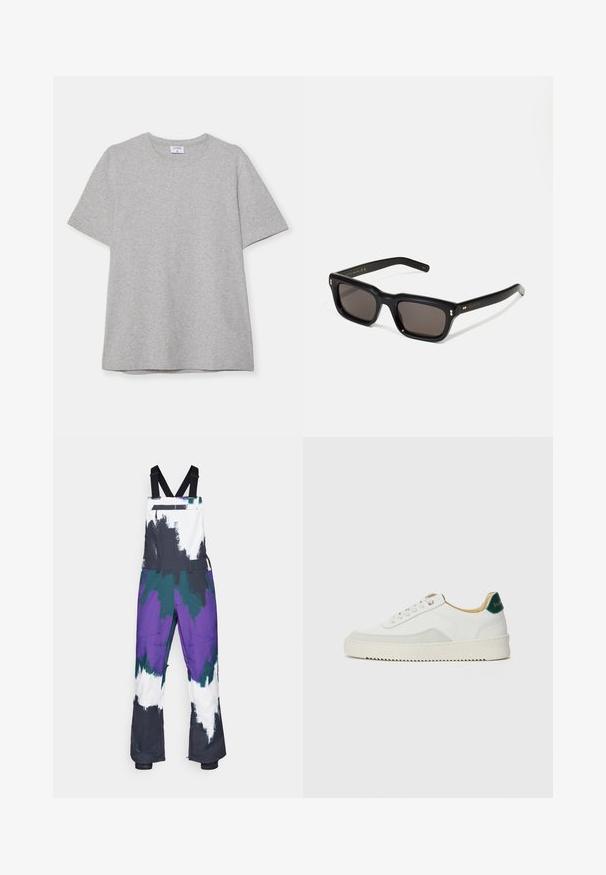Sivá krátke rukávové tričko vyrobené z mäkkej, textúrnej látky. Má klasický okrúhly výstrih a rovný lem, ideálne na neformálne nosenie.; Viacfarebné snežné nohavice so zmesou abstraktných vzorov v čiernej, bielej, purpurovej a zelenej farbe. Vyrobené z odolného a vodoodpudivého materiálu.; Biele tenisky s semišovými akcentmi, zaoblenou špičkou, plochými šnúrkami a krémovou gumovou podrážkou. Na päte sú zelené značky.; Čierne obdĺžnikové slnečné okuliare s tmavými sklami, hrubým plastovým rámom, zlatými detailami na spánkoch a vygravírovaným logom značky na ramene.