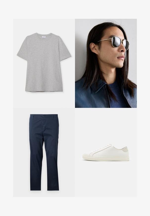 Gray short-sleeve T-shirt made from soft, textured fabric. Features a classic crew neck and a straight hem, suitable for casual wear.; Navy blue cotton trousers with a straight cut, featuring belt loops and a zip fly, smooth texture, and clean finish at the hems.; White leather sneaker with a smooth surface, round toe, and minimalistic design. Features beige accents on the heel and a rubber sole.; Metal sunglasses with reflective lenses, featuring an aviator shape, silver frame, and detailing on the temple. Worn with a blue sweater and jacket.