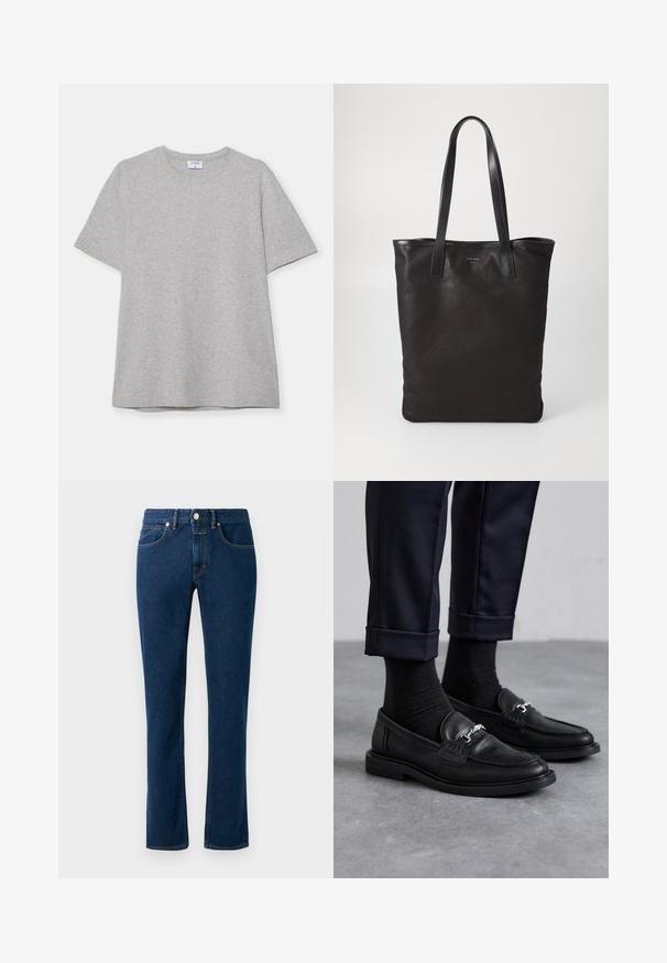 Grå kortermet T-skjorte laget av myk, teksturert stoff. Har en klassisk rund hals og en rett kant, passende for uformell bruk.; Mørkeblå denimjeans med en slim rette ben-design, klassisk fem-lomme stil og knappelukking i midjen.; Sorte skinnloafers med teksturert finish, sølvfarget detaljer, kombinert med mørke sokker og oppbrettede marineblå bukser.; Svart kanvas tote bag med svarte lærhåndtak. Enkel design, romslig kropp og en jevn tekstur. Ingen synlige logoer eller mønstre.