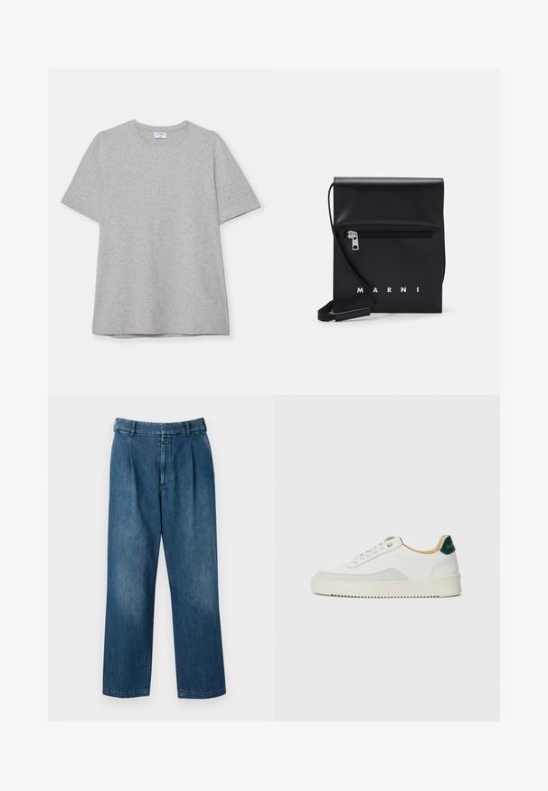 Szürke, rövid ujjú póló, puha, texturált anyagból készült. Klasszikus környakú és egyenes fazonú, alkalmas hétköznapi viseletre.; Kék farmernadrág egyenes szárú dizájnnal, magas derékkal, elülső plisszírozással és klasszikus gombos zárással. Sima textúra.; Fehér sneaker suédé részletekkel, kerek orral, lapos fűzőkkel és krémszínű gumitalppal. Zöld logó található a sarkán.; Fekete bőr keresztpántos táska cipzáras elülső zsebbel, dombornyomott logóval és állítható pánttal. Simább textúra, amelynek strukturált alakja van.