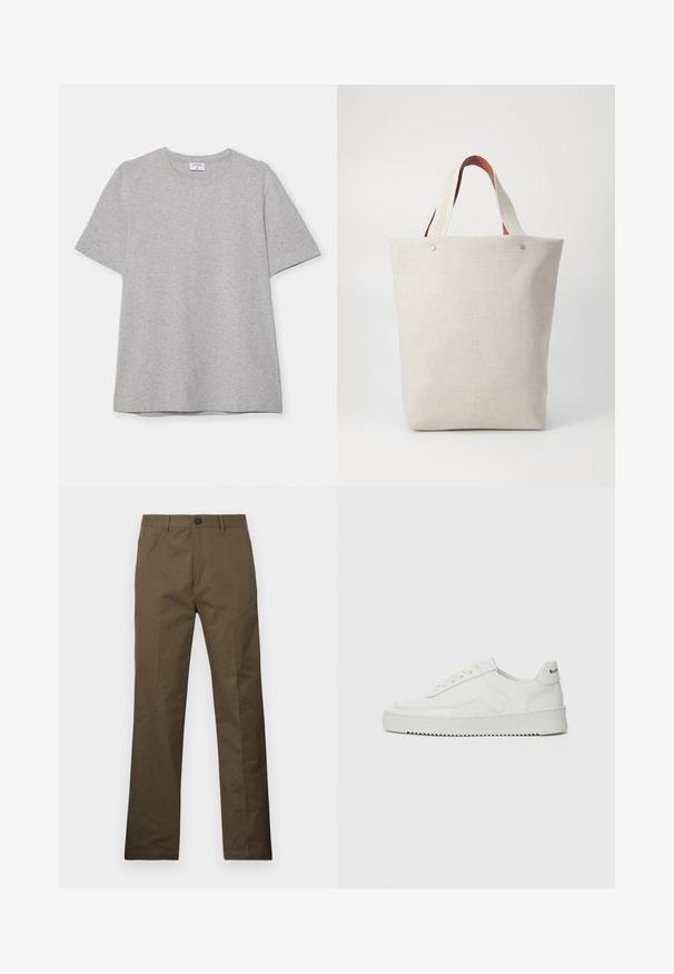 Grijze T-shirt met korte mouwen, gemaakt van zacht, textuurstof. Heeft een klassieke ronde hals en een rechte zoom, geschikt voor casual dragen.; Bruine katoenen broeken met een rechte pasvorm, voorzien van een knoopsluiting en zijzakken, weergegeven tegen een witte achtergrond.; Witte leren sneaker met een gladde afwerking, ronde neus, platte veters en een gestructureerde zool. Kenmerkt zich door een subtiel logo op de hiel.; Tasje van lichtbeige stof met een gestructureerde afwerking, voorzien van twee contrasterende bruine leren handgrepen en metalen accenten aan de bovenkant.