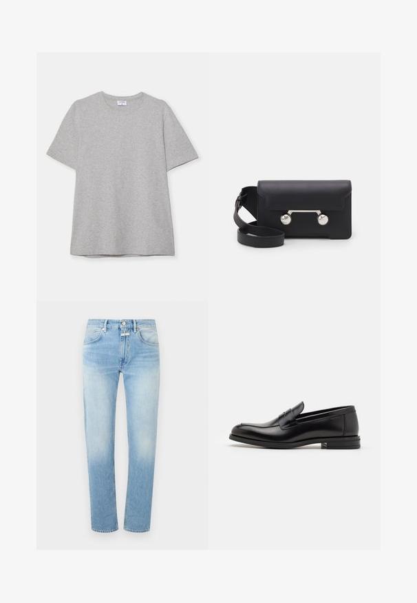Harmaa lyhythihainen T-paita, joka on valmistettu pehmeästä ja teksturoidusta kankaasta. Varustettu klassisella pyöreällä pääntiellä ja suoraselkäisellä helman kanssa, sopii rentoon pukeutumiseen.; Vaaleansiniset farkut, joissa on suora lahkeiden muotoilu, kaksi etutaskua, nappikiinnitys ja hienovaraiset haalistumat kankaan pinnalla.; Mustat nahkakengät, joissa on sileä pinta, pyöreä kärki ja koristeellinen nauha jalkapöydän yli. Matala pinoitu koroke, minimalistinen muotoilu.; Mustan nahkainen olkalaukku, jossa on läppäkiinnitys, hopeanväriset yksityiskohdat ja kaksi pyöreää koristetta. Varustettu irrotettavalla hihnalla. Sileä pinta.