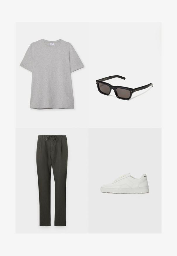 Šedé tričko s krátkým rukávem vyrobené z měkké, texturované látky. Disponuje klasickým kulatým výstřihem a rovného lemu, vhodné pro každodenní nošení.; Tmavě šedé lněné kalhoty s pasem na stahovací šňůrku. Rovný střih, lehký materiál, minimální detaily a hladká textura.; Bílé kožené tenisky s hladkým povrchem, kulatou špičkou, plochými tkaničkami a texturovanou podrážkou. Na patě se nachází nenápadné logo.; Černé obdélníkové sluneční brýle s tmavými skly, silným plastovým rámem, zlatými akcenty na spáncích a vyrytým logem značky na nožičce.