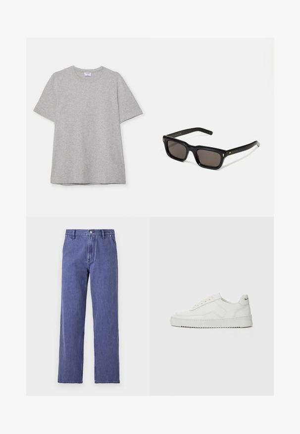 Gray short-sleeve T-shirt made from soft, textured fabric. Features a classic crew neck and a straight hem, suitable for casual wear.; Blue denim jeans with a straight-leg cut, high waist, front zipper, and five-pocket design. The fabric has a slight texture. No patterns.; White leather sneaker with a smooth finish, round toe, flat laces, and a textured sole. Features a subtle logo on the heel.; Black rectangular sunglasses with dark lenses, thick plastic frame, gold accents on temples, and brand logo engraved on the arm.