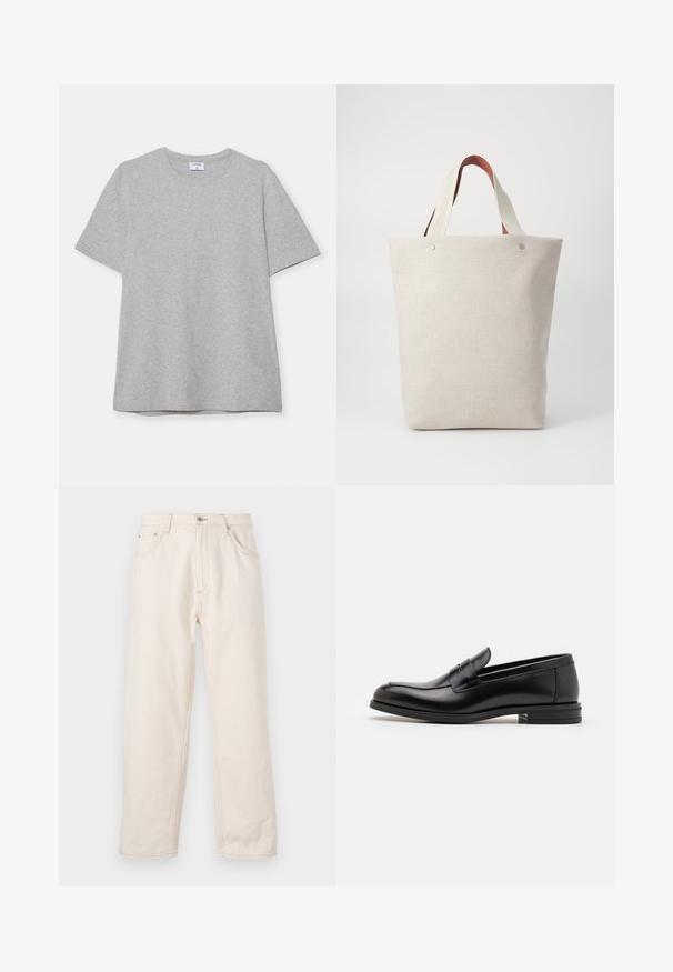 Siva kratka majica s kratkimi rokavi, narejena iz mehke, teksturirane tkanine. Ima klasičen okrogli ovratnik in ravno spodnjo rob, primerna za vsakdanje nošenje.; Bež jeans s ravnim krojem, izdelan iz denima, z gumbom za zapiranje, petimi žepi in vidnimi detajli šivanja. Gladka tekstura.; Črne usnjene loafer čevlje z gladko teksturo, zaobljenim nosom in dekorativnim trakom čez zgornji del. Nizka zložena peta, minimalističen dizajn.; Tote torba iz svetle bež tkanine z teksturiranim površjem, ki ima dve kontrastni rjavi usnjeni roki in kovinske detajle na vrhu.