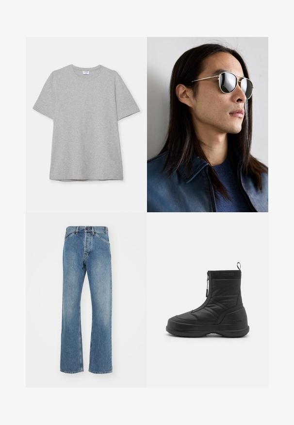 Pilkas trumpas rankovėmis marškinėliai, pagaminti iš minkštos, tekstūruotos medžiagos. Turi klasikinį apvalų kaklą ir tiesų apatinį kraštą, tinkamą kasdieniam dėvėjimui.; Mėlyni džinsai su tiesiu kojų kirpimu, šviesaus nusidėvėjimo, penkių kišenių stiliumi, metaliniu mygtuku ir siuvinėjimais ant liemens.; Juodas vandeniui atsparus sniego botas su lygiu sintetine viršutine dalimi, užtrauktuku, paminkštintu apvadu ir tekstūruotu guminiu padu. Papuoštas "MOON BOOT" logotipu.; Metaliniai akiniai nuo saulės su atspindinčiais lęšiais, turi aviacijos formą, sidabrinį rėmelį ir detalizavimą ant šventyklos. Dėvimi su mėlynu megztiniu ir švarku.