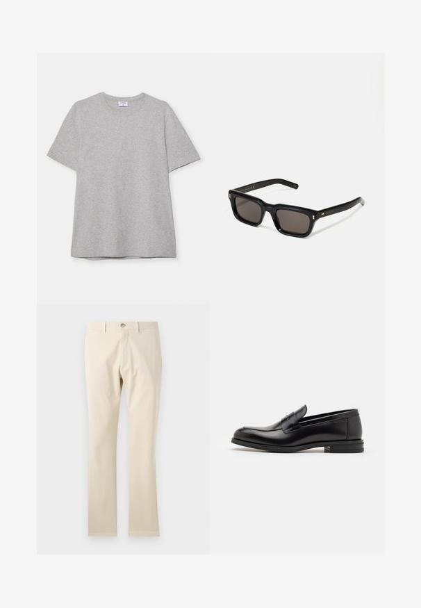 T-shirt cinza de mangas curtas feito de um tecido macio e texturizado. Possui um colarinho clássico redondo e uma bainha reta, adequado para uso casual.; Calças de algodão bege, com design de perna reta, apresentando fecho de botão e passantes para cinto, textura suave e sem padrões ou acabamentos visíveis.; Mocassins de couro preto com uma textura suave, bico arredondado e uma faixa decorativa sobre o peito do pé. Salto baixo e empilhado, design minimalista.; Óculos de sol retangulares pretos com lentes escuras, armação de plástico espesso, detalhes em dourado nas hastes e logotipo da marca gravado na lateral.