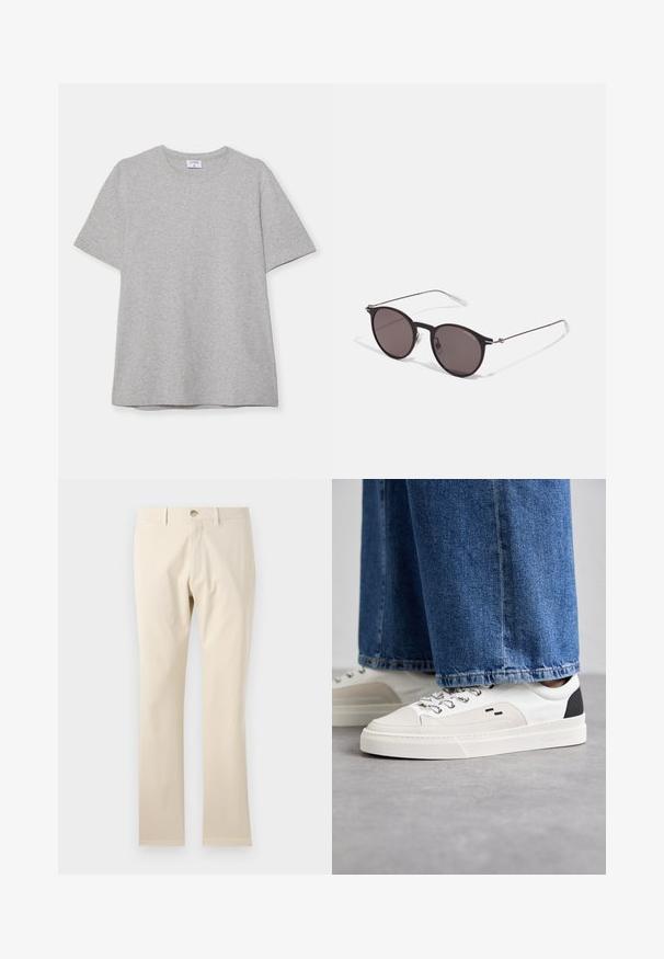 Grå kortærmet T-shirt lavet af blødt, struktureret stof. Har en klassisk rund hals og en lige kant, velegnet til afslappet brug.; Beige bomuldsbukser, lige ben-design, med knaplukning og bæltesløjfer, glat tekstur og uden synlige mønstre eller accenter.; Hvide og sorte sneakers med en glat læderoverdel, teksturerede detaljer og en kraftig hvid sål. Har et klassisk snørebåndsdesign.; Sorte runde solbriller med mørke linser og slanke metalarme. Inkluderer klare tempeltips og sølvdetaljer ved hængslet. Minimalistisk design.