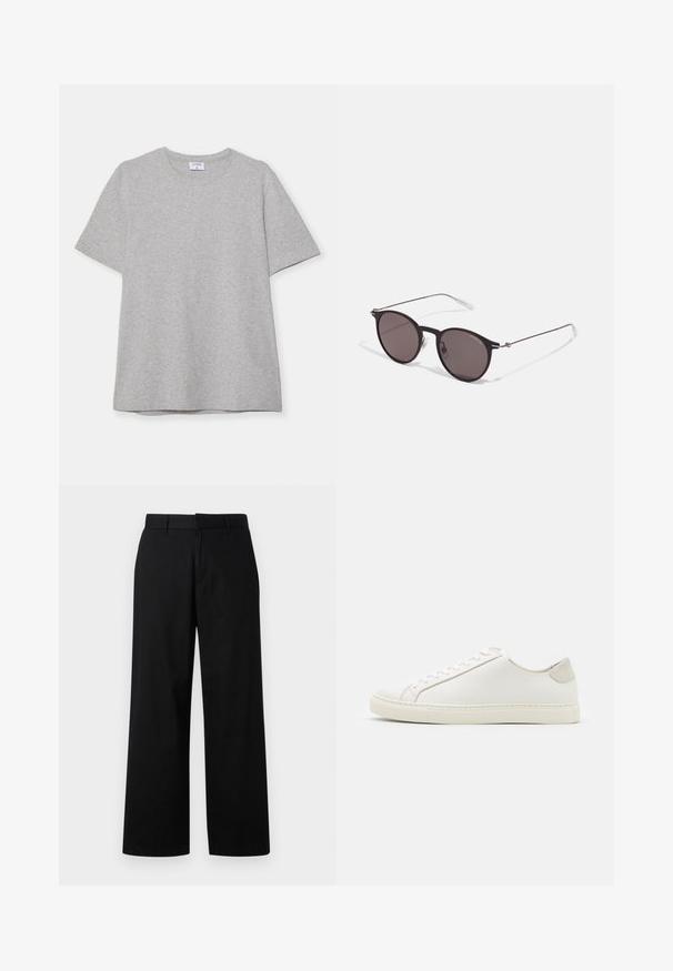 Szary krótki rękaw T-shirt wykonany z miękkiego, fakturowanego materiału. Posiada klasyczny okrągły dekolt i prosty dół, idealny do noszenia na co dzień.; Czarne, szerokie spodnie z gładkiego materiału. Posiadają płaski przód z paskami na pasek i prosty krój, minimalne wykończenia.; Białe skórzane sneakersy o gładkiej powierzchni, okrągłym nosku i minimalistycznym wzornictwie. Zawierają beżowe akcenty na pięcie oraz gumową podeszwę.; Czarne okrągłe okulary przeciwsłoneczne z ciemnymi soczewkami i smukłymi metalowymi ramkami. Zawierają przezroczyste końcówki zauszników oraz srebrne akcenty przy zawiasie. Minimalistyczny design.