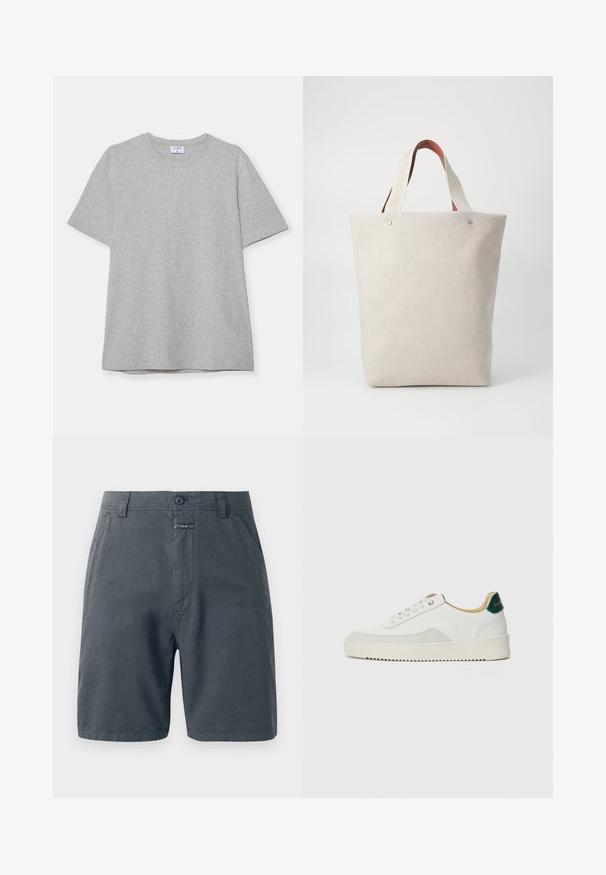 Sivá krátke rukávové tričko vyrobené z mäkkej, textúrnej látky. Má klasický okrúhly výstrih a rovný lem, ideálne na neformálne nosenie.; Šedé kraťasy vyrobené z ľahkej tkaniny, s gombíkovým zapínaním, bočnými vreckami a jemnou textúrou s minimálnym zdobením.; Biele tenisky s semišovými akcentmi, zaoblenou špičkou, plochými šnúrkami a krémovou gumovou podrážkou. Na päte sú zelené značky.; Taška cez rameno v svetlobéžovej látke s textúrovaným povrchom, so svojimi dvoma kontrastnými hnedými koženými rúčkami a kovovými detailmi na vrchu.