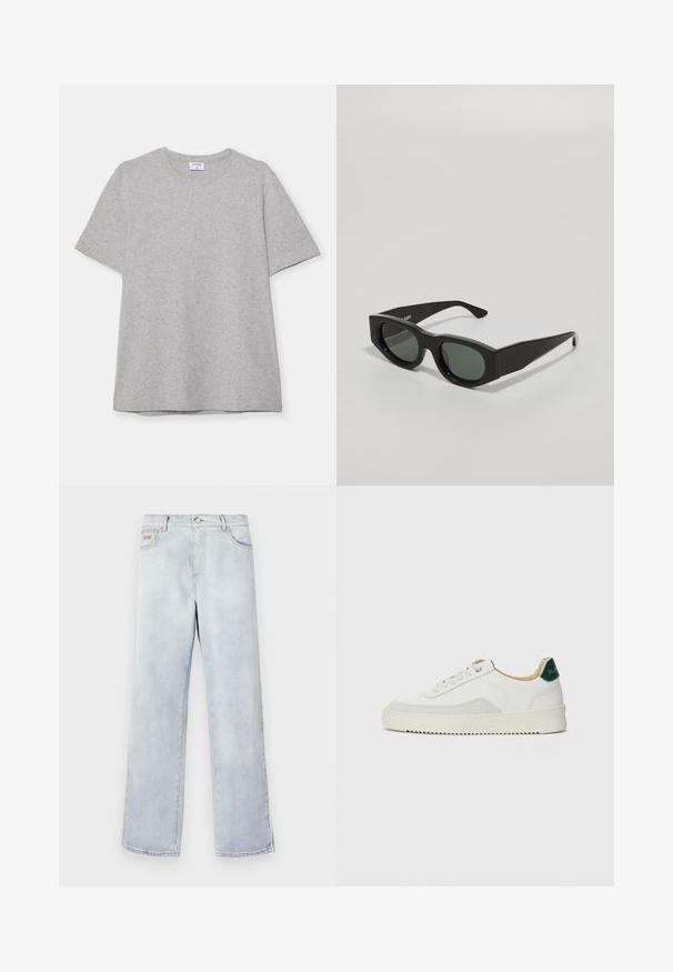 Szary krótki rękaw T-shirt wykonany z miękkiego, fakturowanego materiału. Posiada klasyczny okrągły dekolt i prosty dół, idealny do noszenia na co dzień.; Jasnoniebieskie dżinsy z prostymi nogawkami, z zapięciem na guzik, pięcioma kieszeniami i kontrastowym przeszyciem.; Białe trampki z zamszowymi akcentami, zaokrąglony czubek, płaskie sznurowadła i kremowa gumowa podeszwa. Posiadają zielone logo na pięcie.; Czarne prostokątne okulary przeciwsłoneczne z zielonymi szkłami, grubymi oprawkami i płaskimi zausznikami o gładkiej plastikowej fakturze.