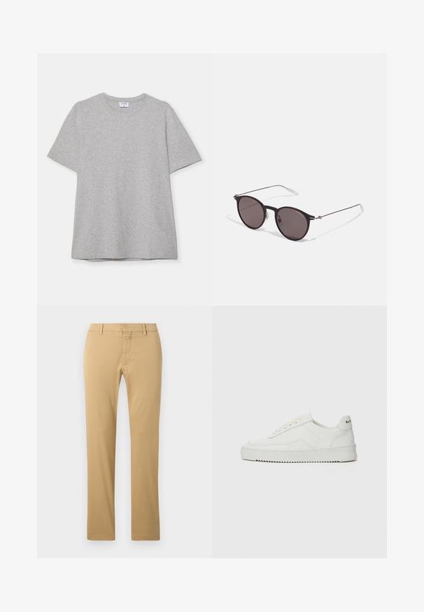 Camiseta gris de manga corta hecha de una tela suave y texturizada. Presenta un cuello redondo clásico y un dobladillo recto, adecuada para uso casual.; Chinos de algodón beige con un diseño de pierna recta, que presentan un frente plano, trabillas para cinturón y un cierre de cremallera oculta.; Zapatilla de cuero blanca con un acabado suave, puntera redonda, cordones planos y suela texturizada. Cuenta con un sutil logo en el talón.; Gafas de sol redondas negras con lentes oscuros y brazos metálicos delgados. Incluye puntas de varilla transparentes y acentos plateados en la bisagra. Diseño minimalista.