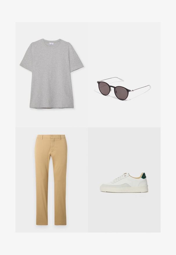 Szary krótki rękaw T-shirt wykonany z miękkiego, fakturowanego materiału. Posiada klasyczny okrągły dekolt i prosty dół, idealny do noszenia na co dzień.; Beżowe bawełniane chinosy z prostą nogawką, z płaskim przodem, paskiem na pasek oraz ukrytym zapięciem na zamek.; Białe trampki z zamszowymi akcentami, zaokrąglony czubek, płaskie sznurowadła i kremowa gumowa podeszwa. Posiadają zielone logo na pięcie.; Czarne okrągłe okulary przeciwsłoneczne z ciemnymi soczewkami i smukłymi metalowymi ramkami. Zawierają przezroczyste końcówki zauszników oraz srebrne akcenty przy zawiasie. Minimalistyczny design.