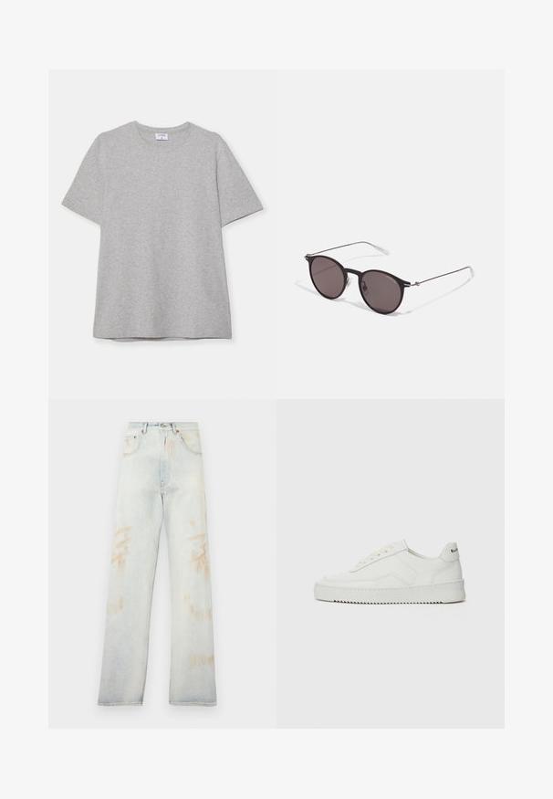 Hallhargist lühikeste varrukatega T-särk pehmest, tekstuuriga kangast. Omab klassikalist ümarat kaelust ja sirget allääret, sobides igapäevaseks kandmiseks.; Heledad sinine teksapüksid kõrge vöökoha, laia jala ja väikeste pleekinud laikudega. Omab traditsioonilist viit taskut ja metallist detailid.; Valge nahast tennis, millel on sile põhi, ümar varvas, lamedad nöörid ja tekstuuriline tall. Sisaldab diskreetset logo kontsaribal.; Mustad mustad prillid tumedate läätsedega ja õhukeste metallist käepidemetega. Kaarja kujuga seljaosa ja hõbedased aktsendid hingel. Minimalistlik disain.