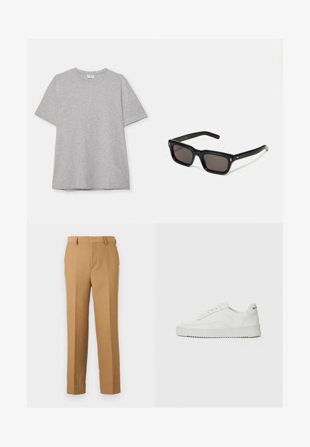Harmaa lyhythihainen T-paita, joka on valmistettu pehmeästä ja teksturoidusta kankaasta. Varustettu klassisella pyöreällä pääntiellä ja suoraselkäisellä helman kanssa, sopii rentoon pukeutumiseen.; Beige dressipüksid, mis on valmistatud kudumiskangast, omavad sirget lõiget, lapikut esiosa ja vöökohapritsmeid. Sile tekstuur ilma nähtavate mustriteta.; Valkoinen nahkakenkä, jossa on sileä pinta, pyöreä kärki, tasaiset nauhat ja teksturoitu pohja. Sisältää huomaamattoman logon kantapäässä.; Mustat suorakulmaiset aurinkolasit tummilla linsseillä, paksu muovikehys, kultaiset korostukset temppeleissä ja brändin logo kaiverrettuna varteen.