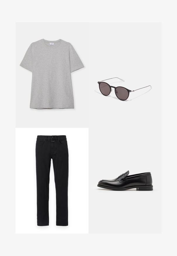 Siva majica s kratkim rukavima napravljena od mekane, teksturirane tkanine. Ima klasičan izrez oko vrata i ravni rub, prikladna za svakodnevno nošenje.; Crne traperice uskog kroja, s klasičnim dizajnom od četiri džepa, petljama za remen i zatvaranjem na dugme. Glatka tekstura, bez vidljivih uzoraka.; Crni kožni mokasini s glatkom teksturom, zaobljenim prstima i ukrasnom trakom preko prednjeg dijela. Niski slojeviti potplat, minimalistički dizajn.; Crne okrugle sunčane naočale s tamnim staklima i tankim metalnim ručkama. Uključuju prozirne vrhove ručki i srebrne naglaske na šarkama. Minimalistički dizajn.