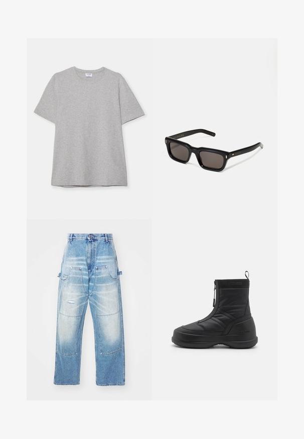 Camiseta gris de manga corta hecha de una tela suave y texturizada. Presenta un cuello redondo clásico y un dobladillo recto, adecuada para uso casual.; Pantalones de mezclilla azul claro con un corte holgado, que cuentan con múltiples bolsillos, detalles desgastados y un acabado deslavado. Diseño de pierna recta.; Botas de nieve impermeables negras con un upper sintético liso, cierre con cremallera, cuello acolchado y suela de goma texturizada. Acentuadas con la marca "MOON BOOT".; Gafas de sol rectangulares negras con lentes oscuros, marco de plástico grueso, acentos dorados en las patillas y logotipo de la marca grabado en el brazo.
