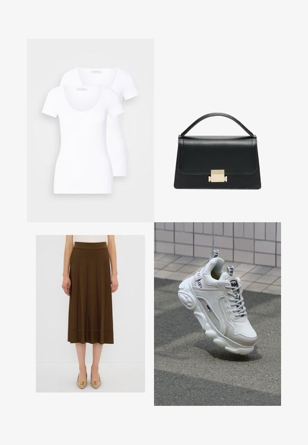 Zwei weiße Kurzarm-T-Shirts mit einem runden Ausschnitt, aus glattem Stoff gefertigt, mit einer figurbetonten Passform und ohne sichtbare Muster oder Akzente.; Brauner plissierter Midiskirt mit einem breiten Bund und horizontaler Nahtdetails am Saum, kombiniert mit beigen Schuhen mit goldenen Akzenten.; Weißer Sneaker aus Mesh- und Ledermaterialien, mit rundem Zehenbereich, dicker Sohle, auffälligen Schnürsenkeln sowie Branding an der Ferse und der Zunge.; Schwarze Lederhandtasche mit strukturiertem Design, oberem Griff und einem goldenen Metallschnappverschluss auf der Vorderseite. Glatte Textur, minimale Nähte.