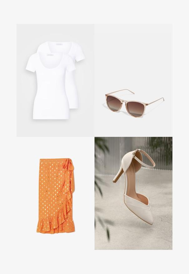 Deux t-shirts blancs à manches courtes avec un décolleté rond, en tissu lisse, présentant une coupe ajustée et sans motifs ni accents visibles.; Jupe enveloppante orange avec des pois dorés, ourlet en volants et lien sur le côté. Fabriquée en tissu léger, présentant une texture lisse.; Chaussure à talons hauts blanche en matériau lisse, avec un bout pointu et une sangle autour de la cheville. Présente un intérieur beige clair et des accents en matériel doré.; Lunettes de soleil dégradées marron avec une monture translucide rose, de forme carrée et des branches en métal fines. Présente des bords arrondis et un design minimaliste.; Sac à main structuré blanc avec de courtes poignées et une bandoulière, doté de accents en métal doré et d'un matériau texturé, présenté sur un fond gris.