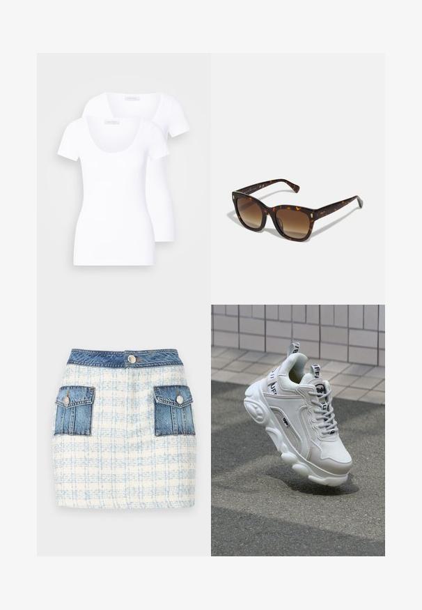 Két fehér, rövid ujjú póló, kerek nyakkivágással, sima anyagból készült, testhezálló fazonnal, látható minták vagy díszítések nélkül.; Könnyű kék és fehér kockás mintájú farmer mini szoknya, elöl két zsebbe farmer részletekkel és deréknál gombos záródással.; Fehér sneaker, hálós és bőr anyagokból, kerek orral, vastag talppal, feltűnő fűzőkkel és logóval a sarokon és a nyelven.;  Teknősbura mintázatú négyzet alakú napszemüveg fokozatos barna lencsékkel, arany díszítéssel a szárakon és vastag, fényes kerettel.