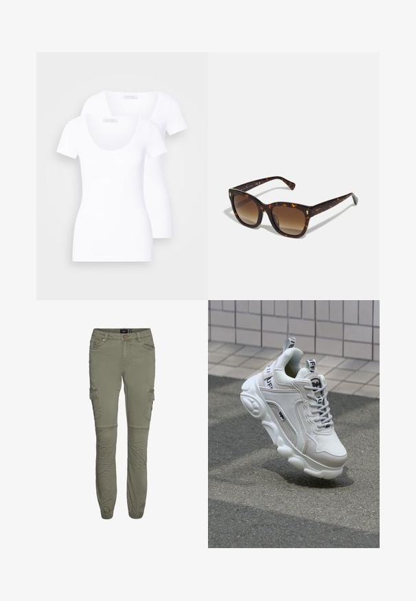 Two white short-sleeve t-shirts with a scoop neckline, made from smooth fabric, featuring a fitted design and no visible patterns or accents.; Olive green cargo pants in durable cotton blend with tapered cuffs, multiple pockets, and knee pleats for added mobility.; White sneaker with mesh and leather materials, rounded toe, thick sole, prominent laces, and branding on the heel and tongue.; Tortoiseshell square sunglasses with gradient brown lenses, featuring gold accents on temples and a thick, glossy frame.