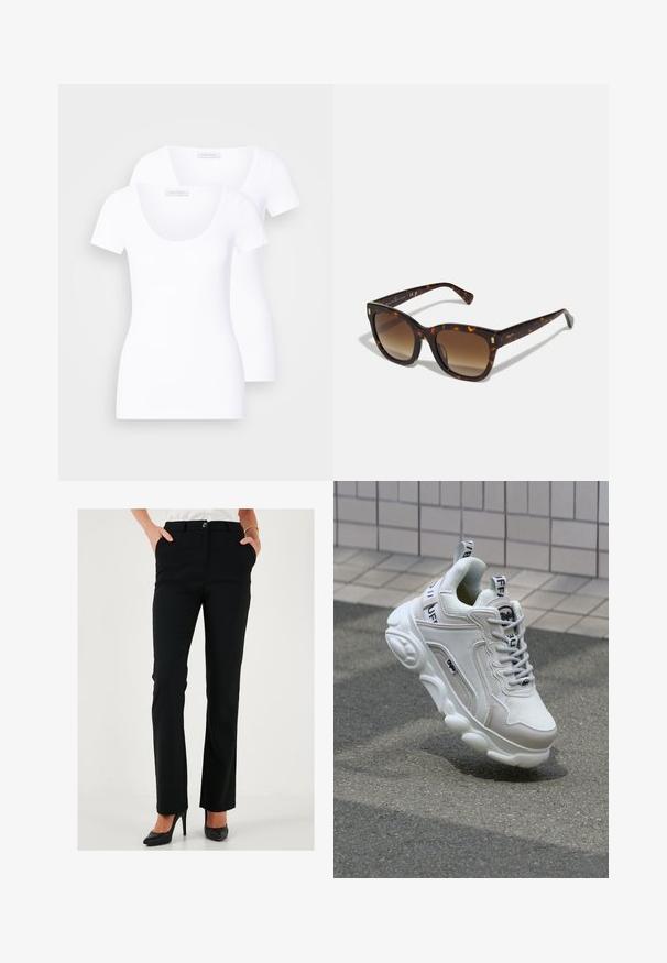 Divas baltas īsām piedurknēm T-krekli ar apaļu kakla izgriezumu, izgatavoti no gludas auduma, kuriem ir pieguļošs dizains un nav redzamu rakstu vai akcentu.; Melnas pielāgotas bikses ar taisnu kāju dizainu, ar pogu aizdari un sānu kabatām, izgatavotas no gludas auduma.; Baltas sneakers ar sieta un ādas materiāliem, noapaļota purngala, bieza zole, izteiksmīgas šnīres un zīmols uz papēža un mēles.; Lietussargu formas saulesbrilles ar gradienta brūnajām stikliem, kurām ir zeltīti akcenti uz tempļiem un bieza, spīdīga rāmja.