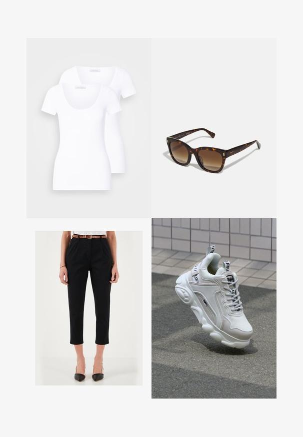 Dwa białe t-shirty z krótkim rękawem o okrągłym dekolcie, wykonane z gładkiego materiału, mające dopasowany krój i bez widocznych wzorów czy akcentów.; Czarne spodnie z wysokim stanem, zwężane na nogawkach, z przodu z zakładkami i brązowym paskiem. Połączone z czarnymi eleganckimi szpilkami.; Białe trampki wykonane z siateczki i skóry, z zaokrąglonym noskiem, grubą podeszwą, wyraźnymi sznurowadłami oraz logotypem na pięcie i języku.; Okulary przeciwsłoneczne w kształcie kwadratu w kolorze borsuczym z gradientowymi brązowymi soczewkami, zdobione złotymi akcentami na zausznikach oraz grubą, błyszczącą ramką.