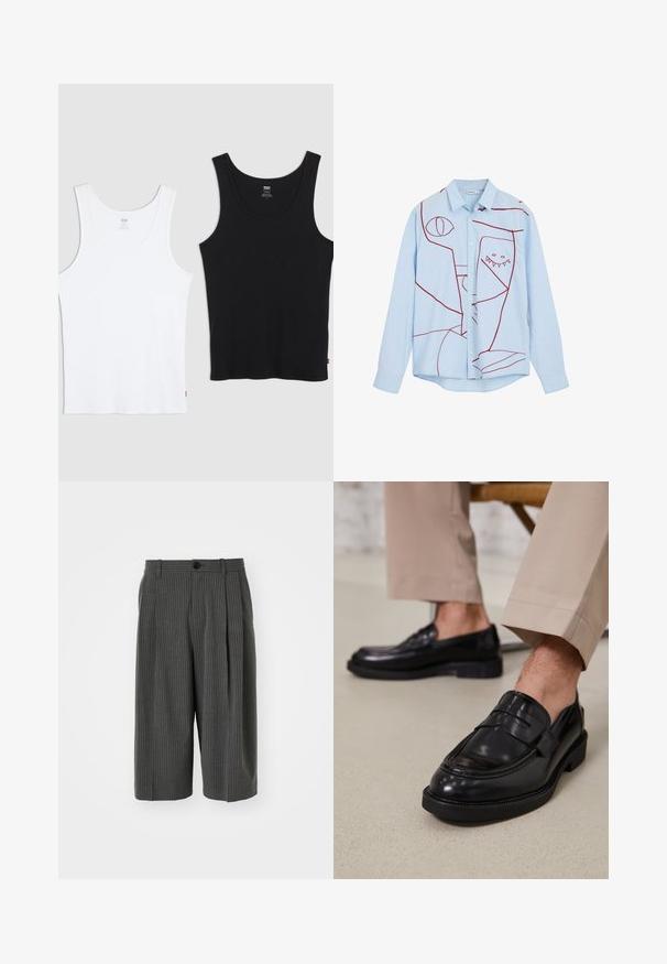 Två bomullsbandtoppar, en vit och en svart, båda med ribbad textur, rund hals och en liten röd logotyp vid nederkanten.; Ljust blå skjorta med knappar som har röd abstrakt brodyr, inklusive ögon och en tandad design, med klassisk krage och långa ärmar.; Grå rutig vid ben shorts med knappstängning och veckad front. Tillverkade av ett strukturerat tyg med en skräddarsydd design.; Svarta läder loafers med en slät finish, prydda med en dekorativ rem och kontrastsöm, tillsammans med beiga byxor.