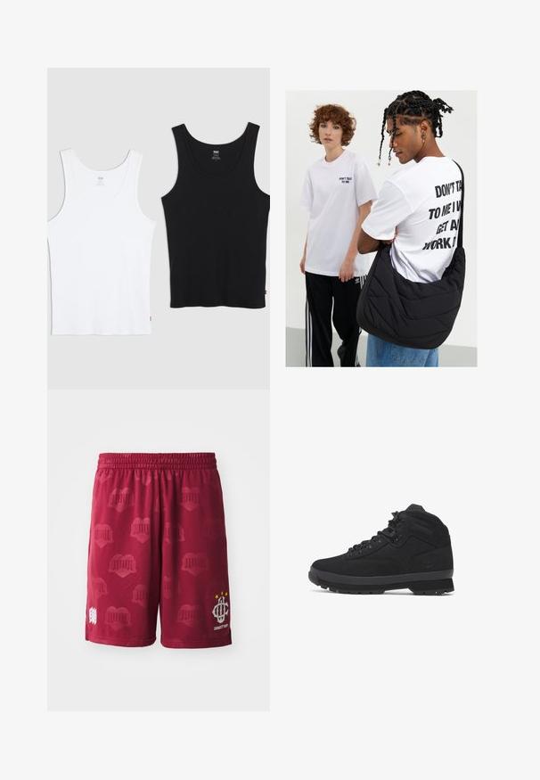 Dve bavlnené tielka, jedno biele a jedno čierne, každé s rebrovanou textúrou, okrúhlym výstrihom a malým červeným logom na leme.; Bordové športové šortky s elastickým pásom, s jemným vzorom srdiečok a bielym logom s tromi hviezdami na jednej nohe.; Čierne stredne vysoké turistické topánky vyrobené z semišu a nylonu, s okrúhlymi šnúrkami, zosilnenými očkami a textúrovanou gumovou podrážkou s vzorovaným dezénom.; Čierna prešívaná taška na rameno s jemnou textúrou, ktorú nosí osoba v bielom grafickom tričku s tučným textom. Neformálny outfit s džínsami.