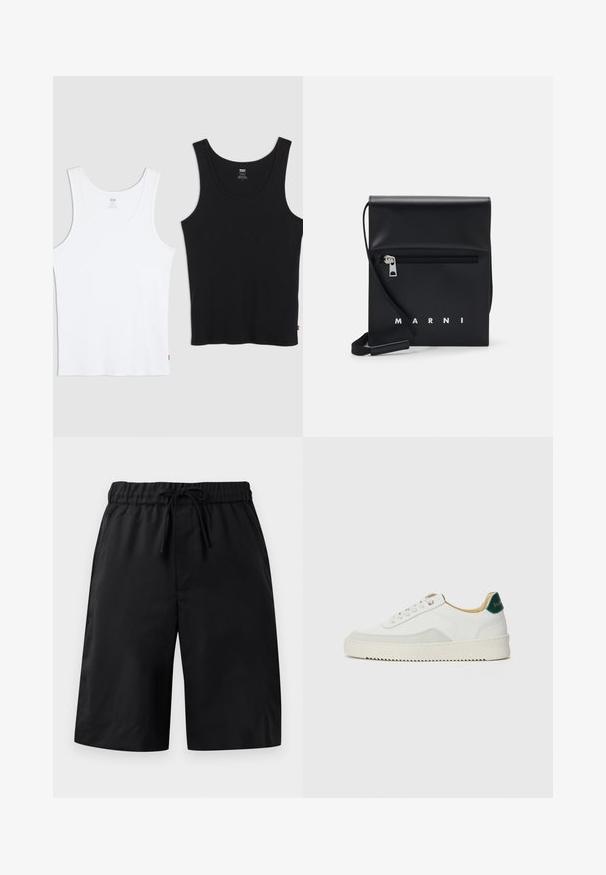 Dve bavlnené tielka, jedno biele a jedno čierne, každé s rebrovanou textúrou, okrúhlym výstrihom a malým červeným logom na leme.; Čierne šortky s elastickým pásom a šnúrkou. Majú hladkú textúru a voľný strih. Jednoduchý dizajn bez vreciek alebo ozdôb.; Biele tenisky s semišovými akcentmi, zaoblenou špičkou, plochými šnúrkami a krémovou gumovou podrážkou. Na päte sú zelené značky.; Čierna kožená kabelka cez plece s predným vreckom na zips, embosovaným logom a nastaviteľným popruhom. Hladká textúra so štruktúrovaným tvarom.