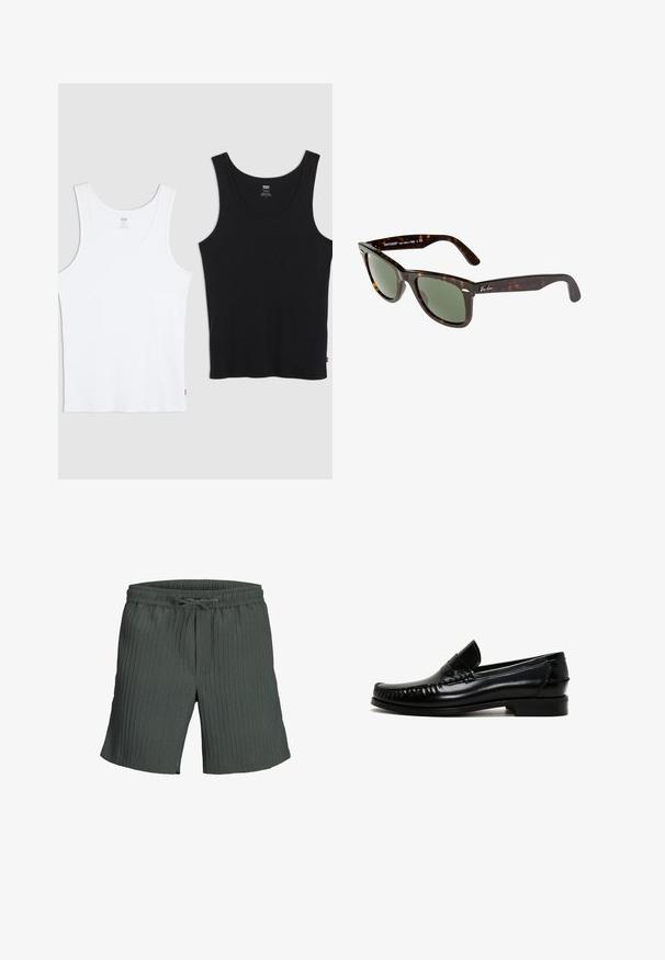 Twee katoenen tanktops, één wit en één zwart, elk met een geribde textuur, ronde hals en een klein rood logo op de zoom.; Donkergroene, geribbelde shorts met een elastische tailleband en een trekkoord. Een losse pasvorm verhoogt het comfort en de bewegingsvrijheid.; Zwarte leren loafers met een ronde neus, gestikte details langs de randen en een lage blokhak. Gladde textuur en minimalistisch ontwerp.; Wayfarer zonnebrillen met een donker schildpad kunststof frame, groene lenzen en een zilveren Ray-Ban logo op de poot.