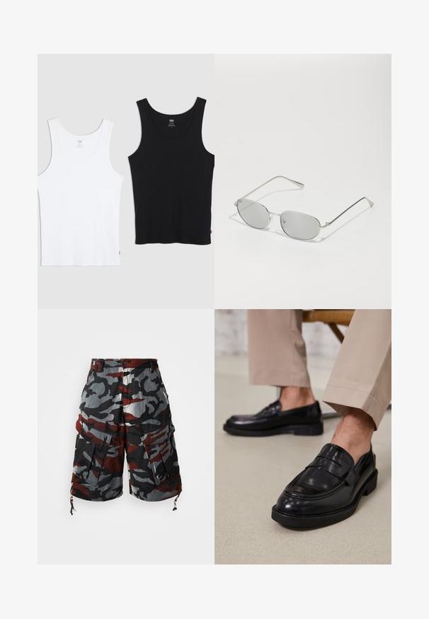 To bomullstanker, en hvit og en svart, hver med ribbestruktur, rund hals og en liten rød logo på kanten.; Kamuflasje cargo-shorts i rød, svart og grå stoff. Har flere lommer, justerbare snorer i nederkant og et avslappet passformdesign.; Svarte skinnloafers med glatt overflate, med en dekorativ stropp og kontrastbroderi, sammen med beige bukser.; Sølvmetall solbriller med ovale grå linser, tynne armer og minimalistisk design. Linsene har en subtil reflekterende kvalitet.