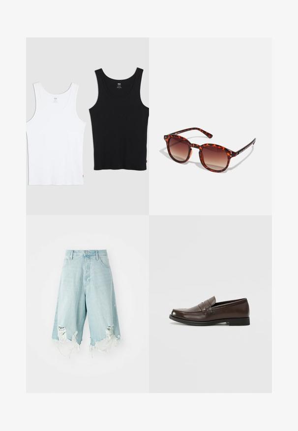 Dwa bawełniane topy na ramiączkach, jeden biały, drugi czarny, każdy o prążkowanej fakturze, okrągłym dekolcie i małym czerwonym logo na dolnym brzegu.; Jasnoniebieskie szorty dżinsowe z wysokim stanem, z wystrzępionymi miejscami i postrzępionymi brzegami. Zaprojektowane z pięcioma kieszeniami i klasycznym zapięciem na guzik.; Brązowy skórzany mokasyn z okrągłym noskiem, dekoracyjnym przeszyciem i małym, płaskim obcasem. Gładka faktura z dyskretnymi elementami designu.; Okulary przeciwsłoneczne w kolorze żółwim z gradientowymi brązowymi szkłami, w okrągłym kształcie, z czarnymi akcentami na zausznikach; mają dwa małe metalowe ćwierćwykończenia w pobliżu soczewek.; Czarna skórzana torebka na ramię z klapą, dwoma srebrnymi klamrami, żółtym stębnowaniem i regulowanym paskiem. Posiada gładką teksturę i kompaktowy design.
