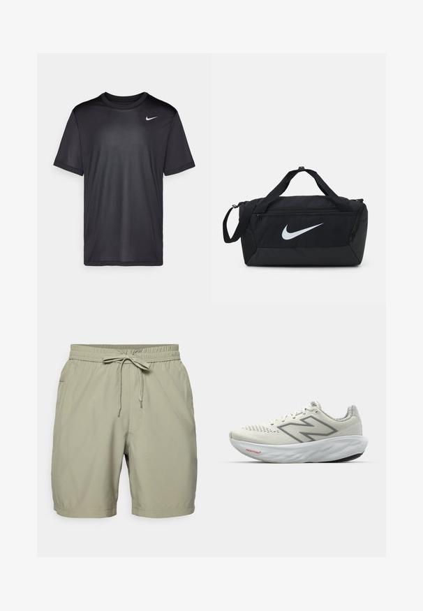Svart idretts-t-skjorte med korte ermer, rund hals, laget av glatt stoff. Har en liten hvit Nike-logo øverst til venstre.; Khaki badebukser med elastisk liv og snor, med sidelommer og et glat, let stof.; Løpesko i hvitt med grå detaljer. Mesh-overdel, teksturert såle og fremtredende "N"-logo. Har en polstret krage og "Fresh Foam"-merkelapp.; Svart duffelbag med en stor hvit Nike-logo, laget av slitesterkt stoff, med dobbelthåndtak og justerbar skulderrem.