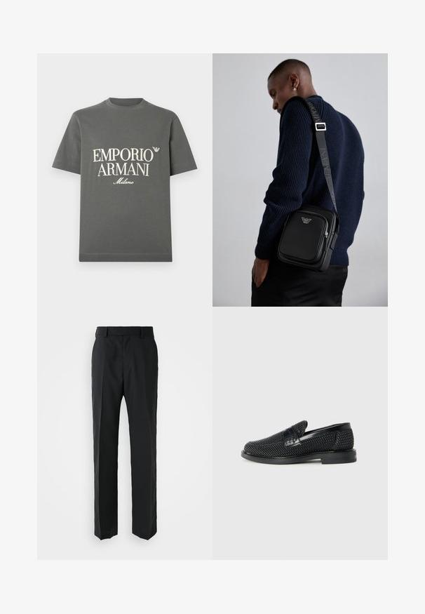 Šedé bavlněné tričko s krátkými rukávy a kulatým výstřihem, s bílým nápisem v blokovém písmu a logem na hrudi. Hladký povrch, jednoduchý design.; Černé kalhoty s rovnými nohavicemi, vyrobené z hladké tkaniny. Mají plochý pas a žádné viditelné vzory nebo ozdoby.; Černé pletené nazouvací boty s hladkým koženým akcentem na svršku, kulatou špičkou a nízkoprofilovou gumovou podrážkou.; Černá kožená crossbody kabelka s zipovou kapsou, detailem loga a nastavitelným popruhem se značkou. Nositá na texturovaném námořnickém svetr.